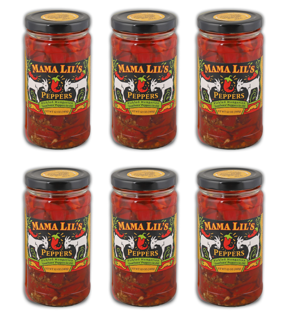 Six jars of Mama Lil's Peppers on a white background