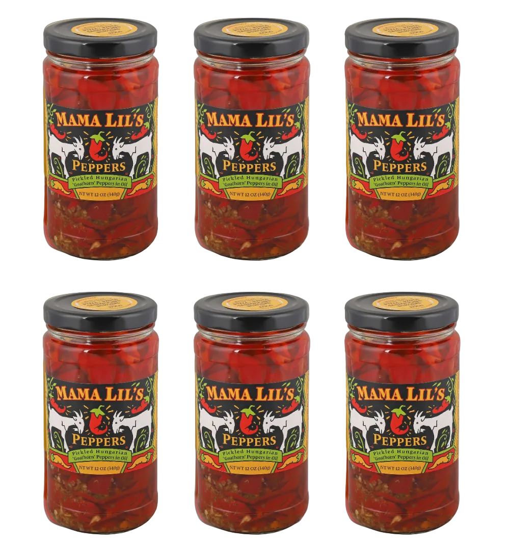 Six jars of Mama Lil's Peppers on a white background