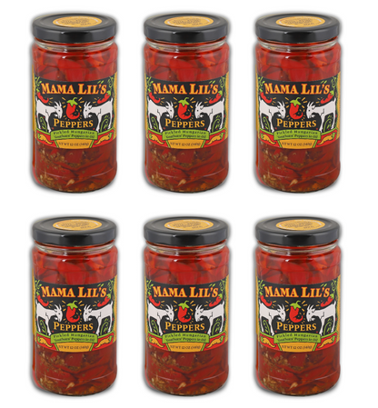 Six jars of Mama Lil's Peppers on a white background
